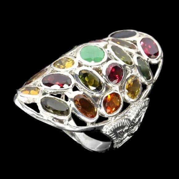 Natural Multi Color Tourmaline 7x5mm & Emerald 925 Sterling Silver‎ Ring Sz 8.25 - Picture 2 of 3